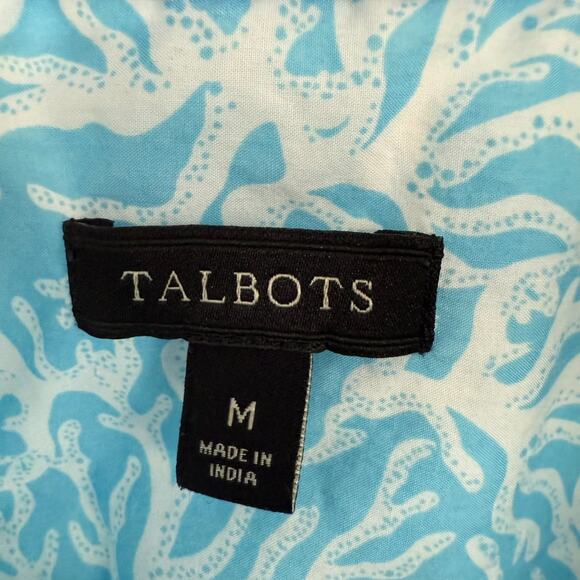 Talbots Shirt Women M Blue White Coral Reef Print Button Up Roll-tab Long Sleeve - Picture 8 of 10
